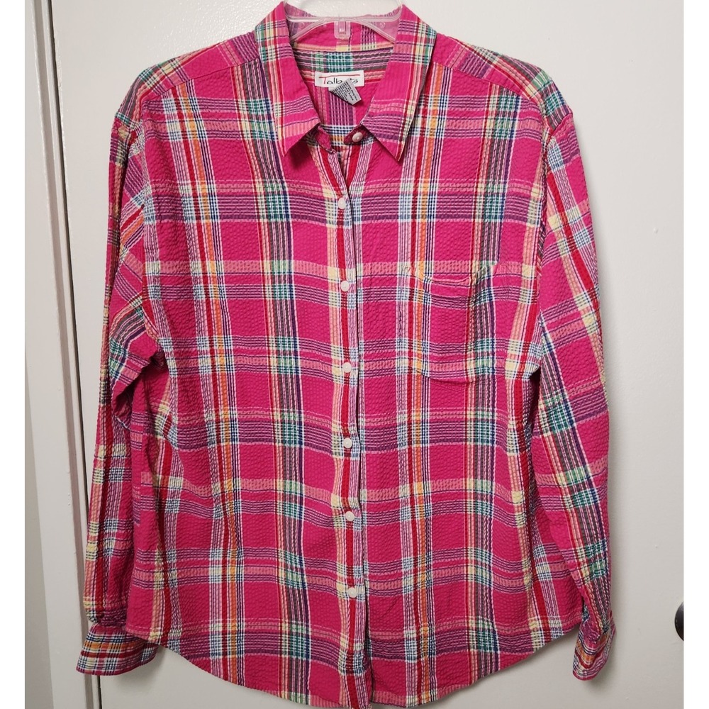 Talbots Womens Pink Plaid Seersucker Button Down Shirt Vintage Large Long Sleeve